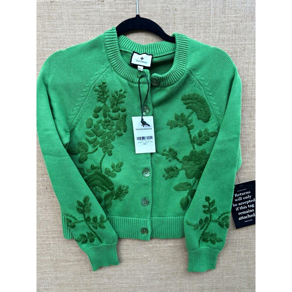 Tuckernuck Green Floral Embroidered Crew Neck Cardigan Sweater Sz S